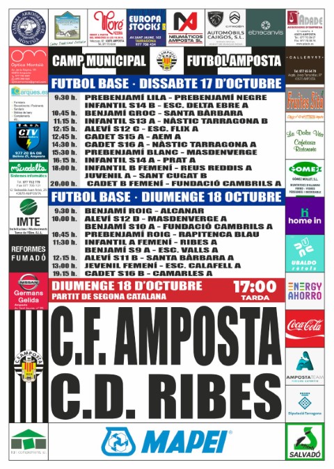Jornada 5 SEGONA CATALANA GRUP 6. Diumenge 18 d�octubre 17:00 hores: CF AMPOSTA - CD RIBES